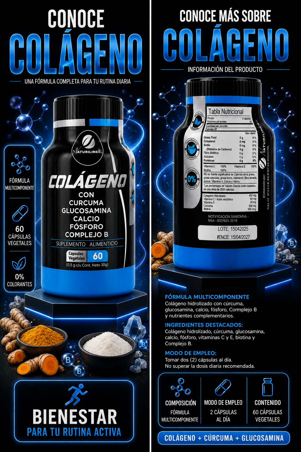 Parte frontal y trasera del Colágeno con Cúrcuma Naturiline