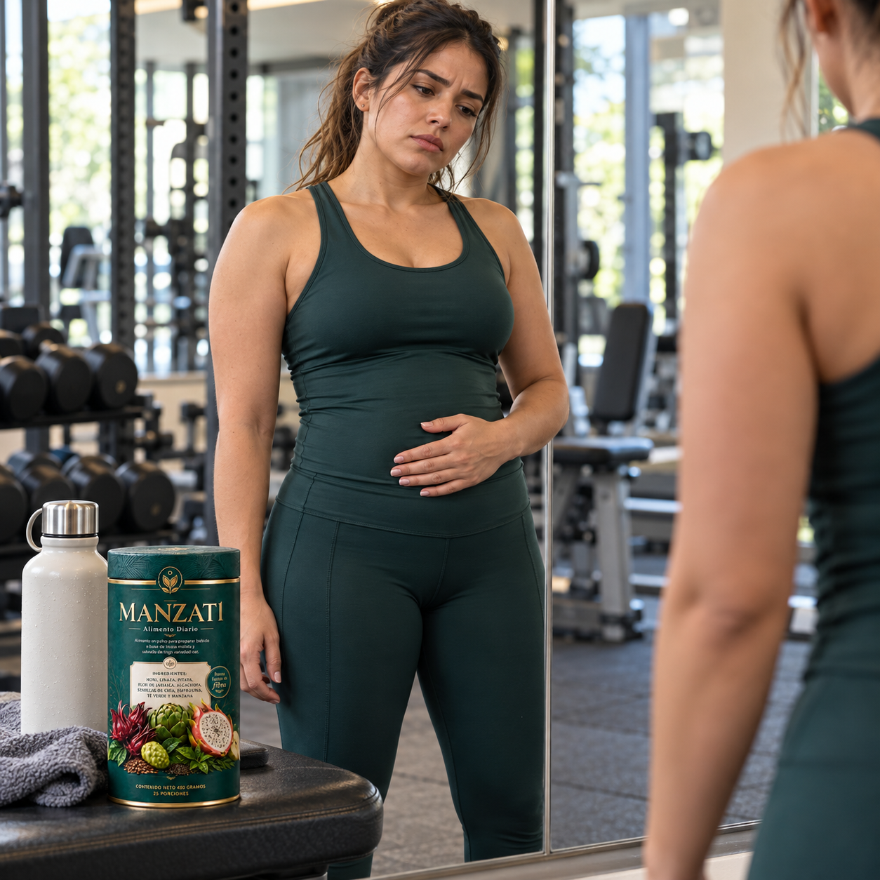 Mujer que entrena y siente el abdomen inflamado después del gimnasio
