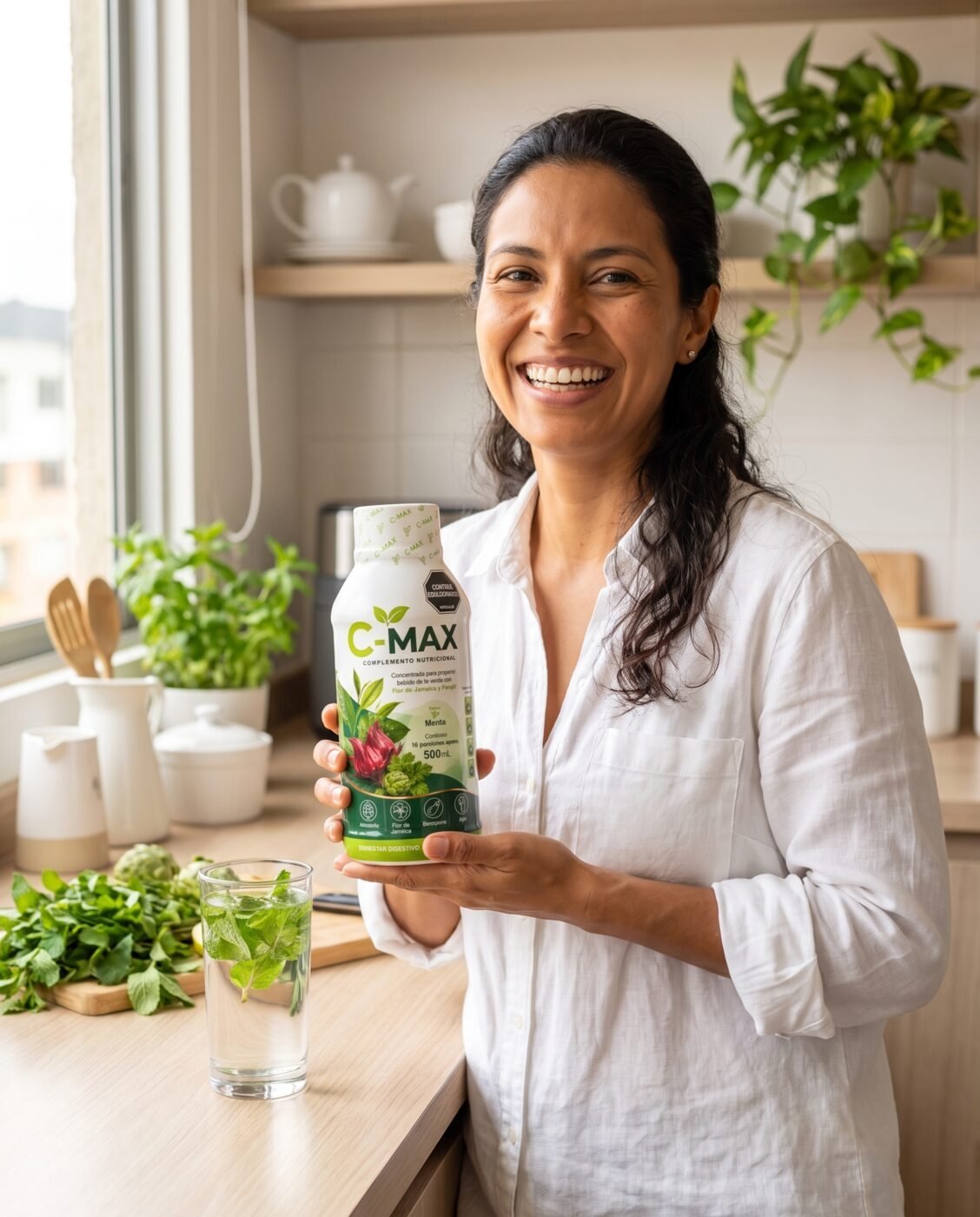 Mujer sonriente en su cocina sosteniendo un frasco de C-MAX