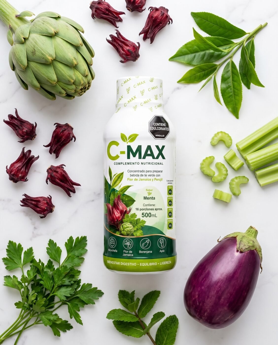 Frasco de C-MAX con alcachofa, flor de Jamaica, té verde y apio