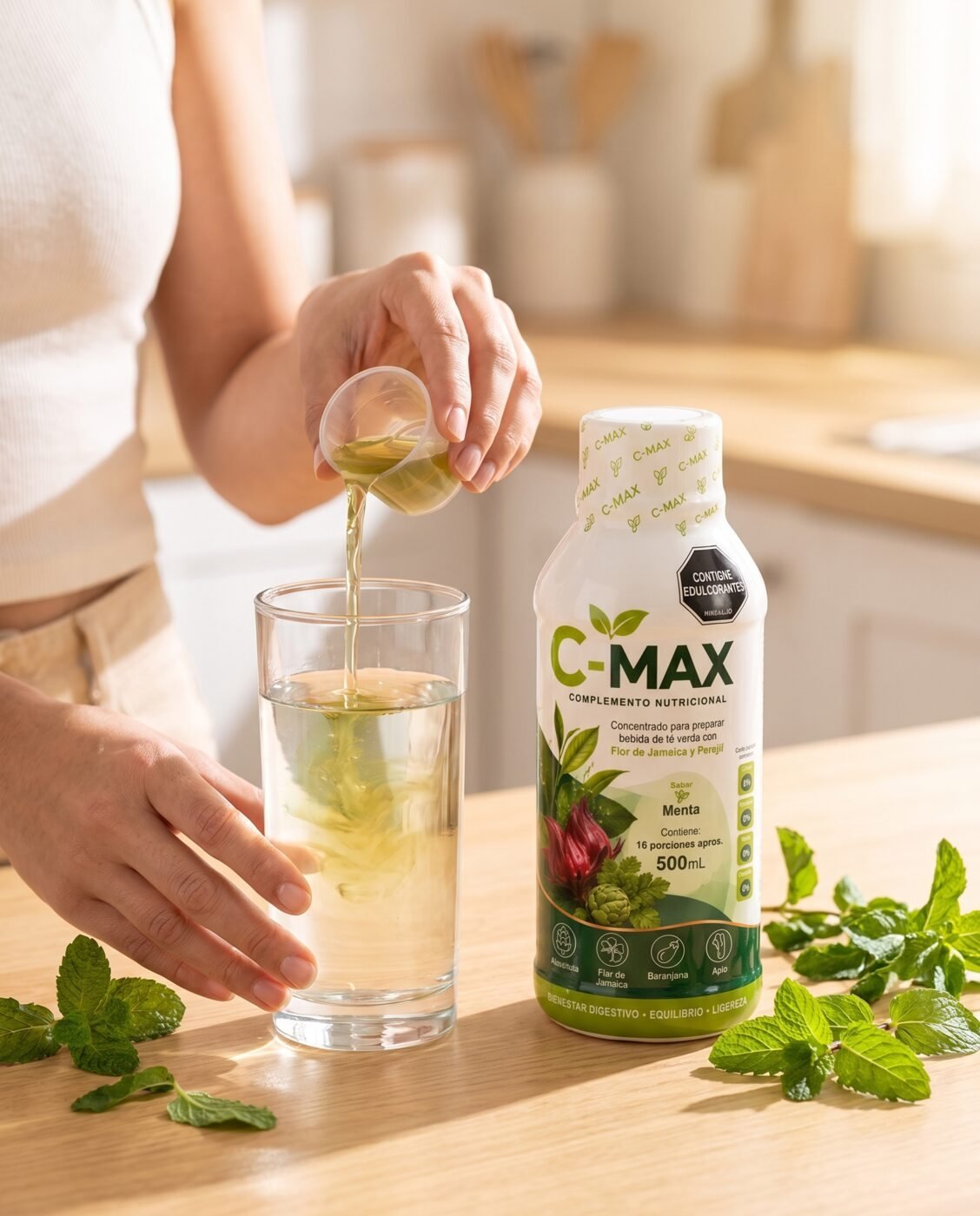 Manos mezclando una porción de C-MAX en un vaso de agua