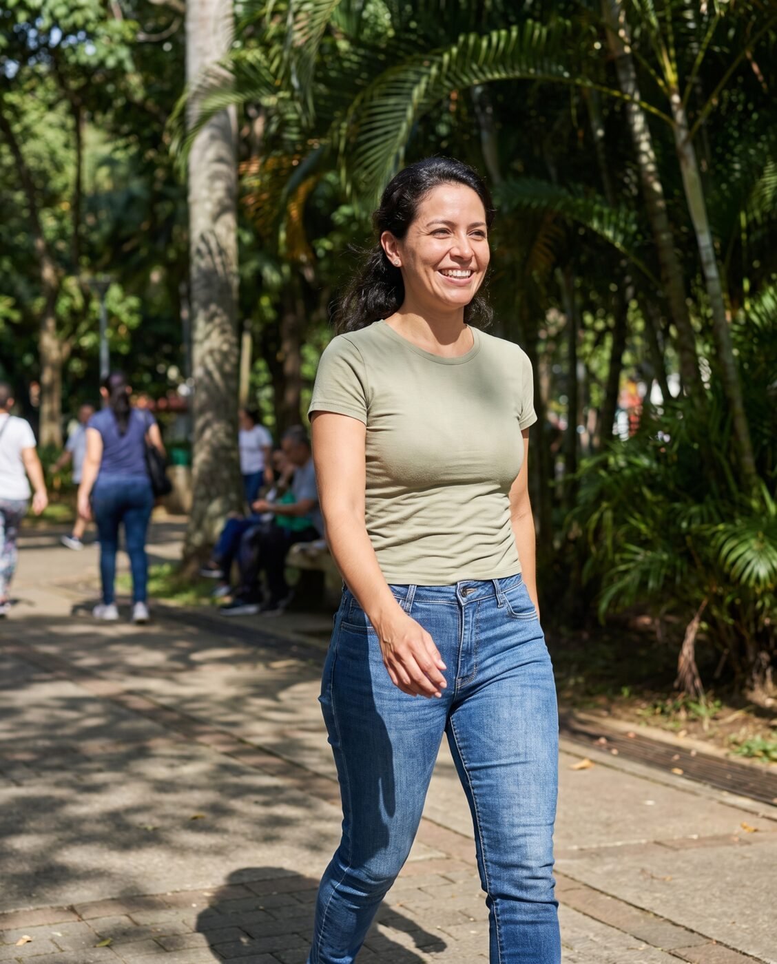 Mujer caminando feliz en un parque