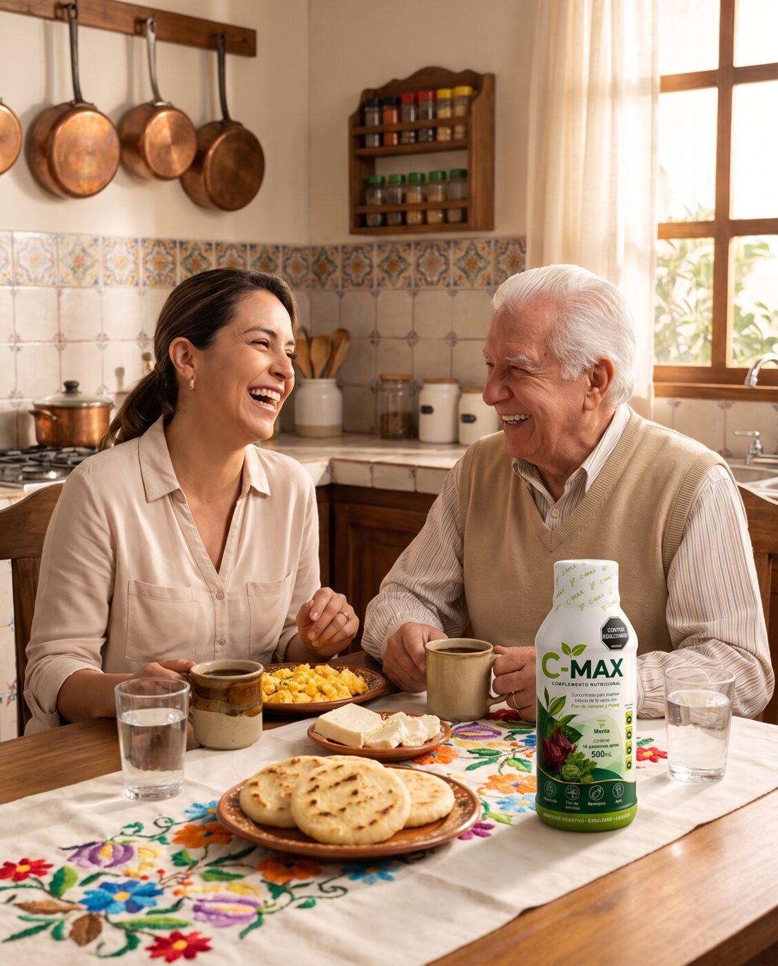 Hija y su papá desayunando con C-MAX en la mesa