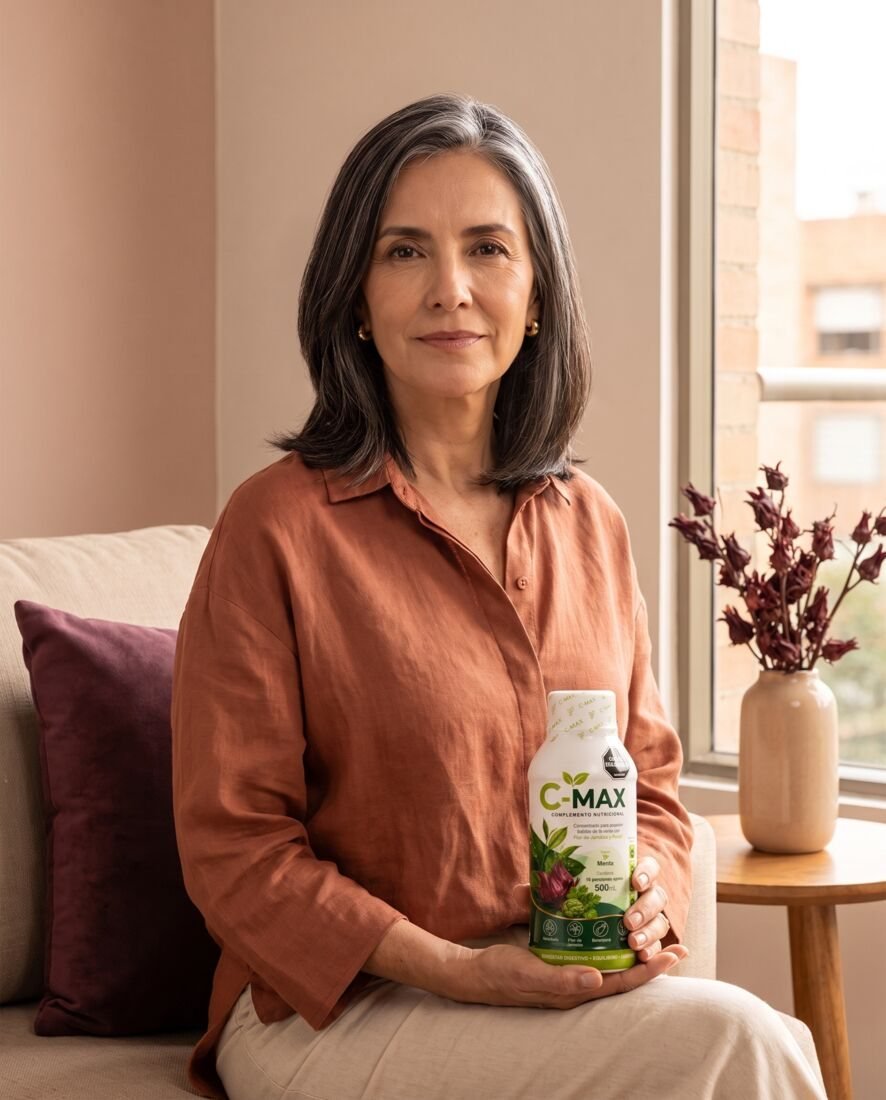 Mujer de 52 años serena sosteniendo un frasco de C-MAX