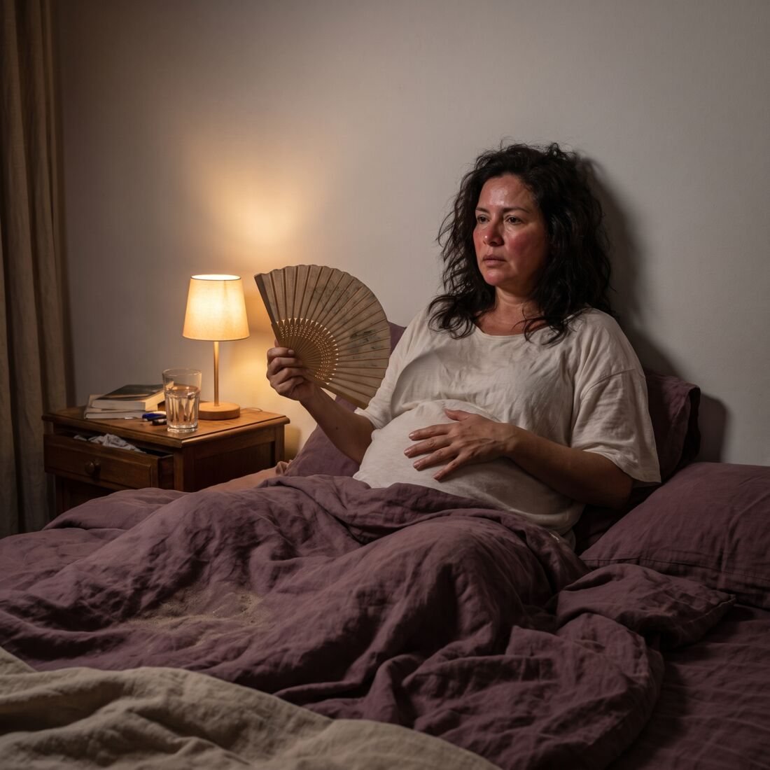 Mujer despierta de noche con calor e hinchazón