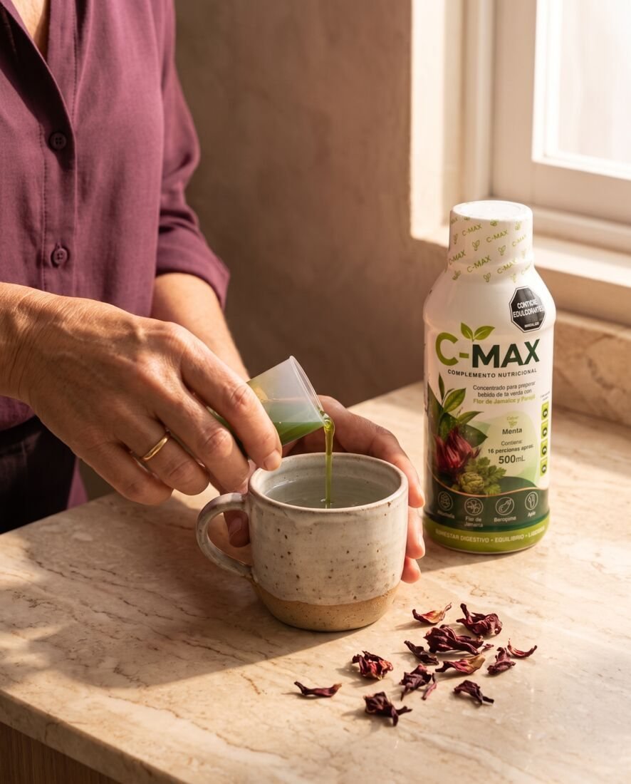 Manos de mujer preparando una porción de C-MAX en una taza