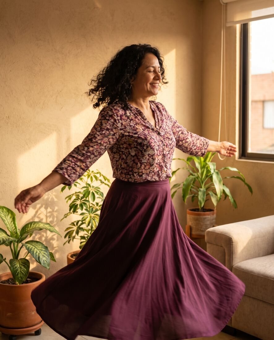 Mujer de 50 años bailando feliz en su sala