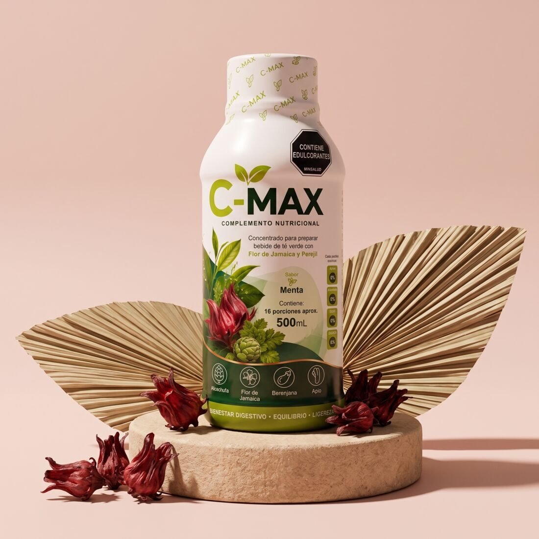 Frasco de C-MAX sobre un pedestal