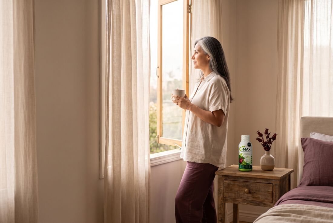 Mujer tranquila junto a la ventana con C-MAX en la mesa