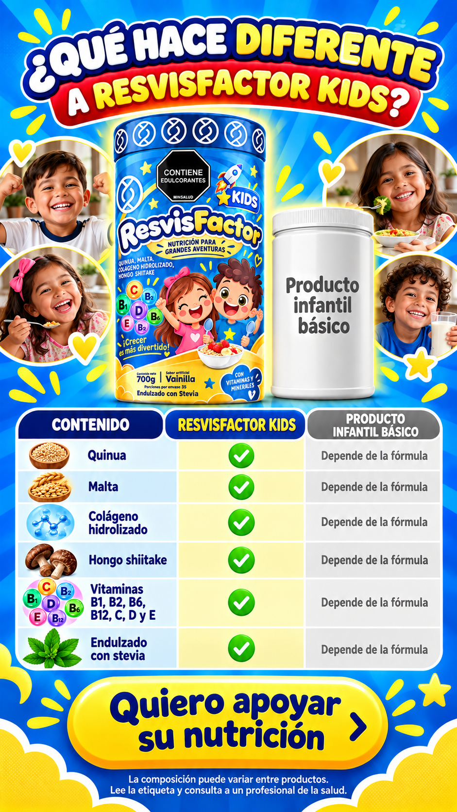 Comparación: colágeno de adulto vs. ResvisFactor Kids