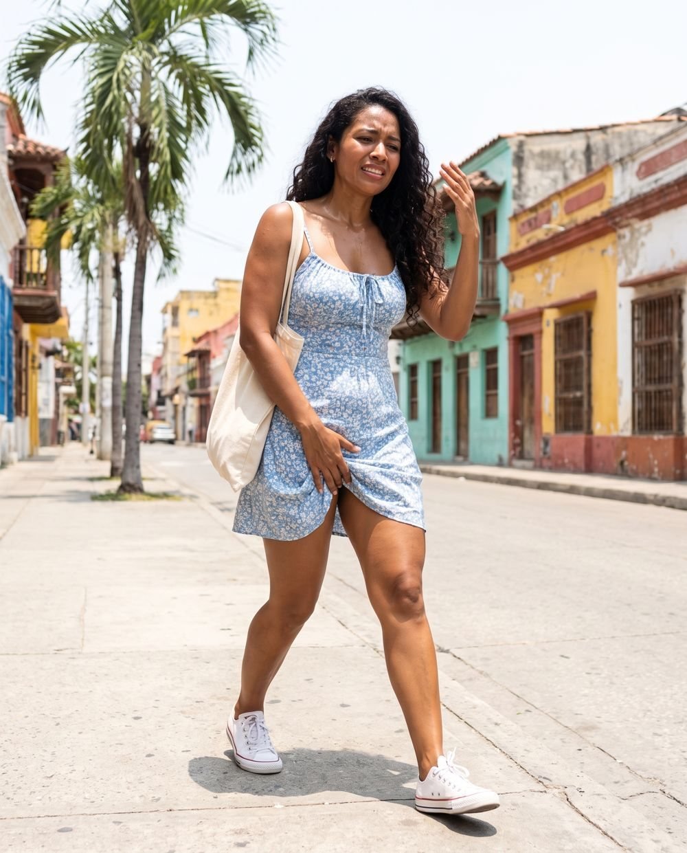 Antes: mujer con vestido caminando incómoda por el roce en la ingle bajo el sol