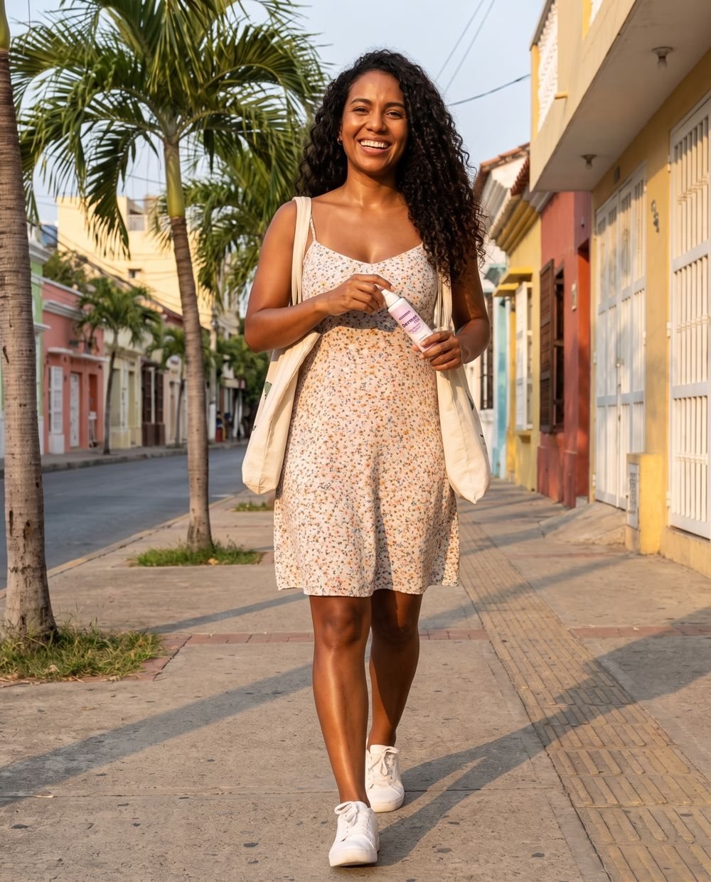 Después: la misma mujer caminando cómoda y sonriente con vestido, sacando Derman Fem de su bolso