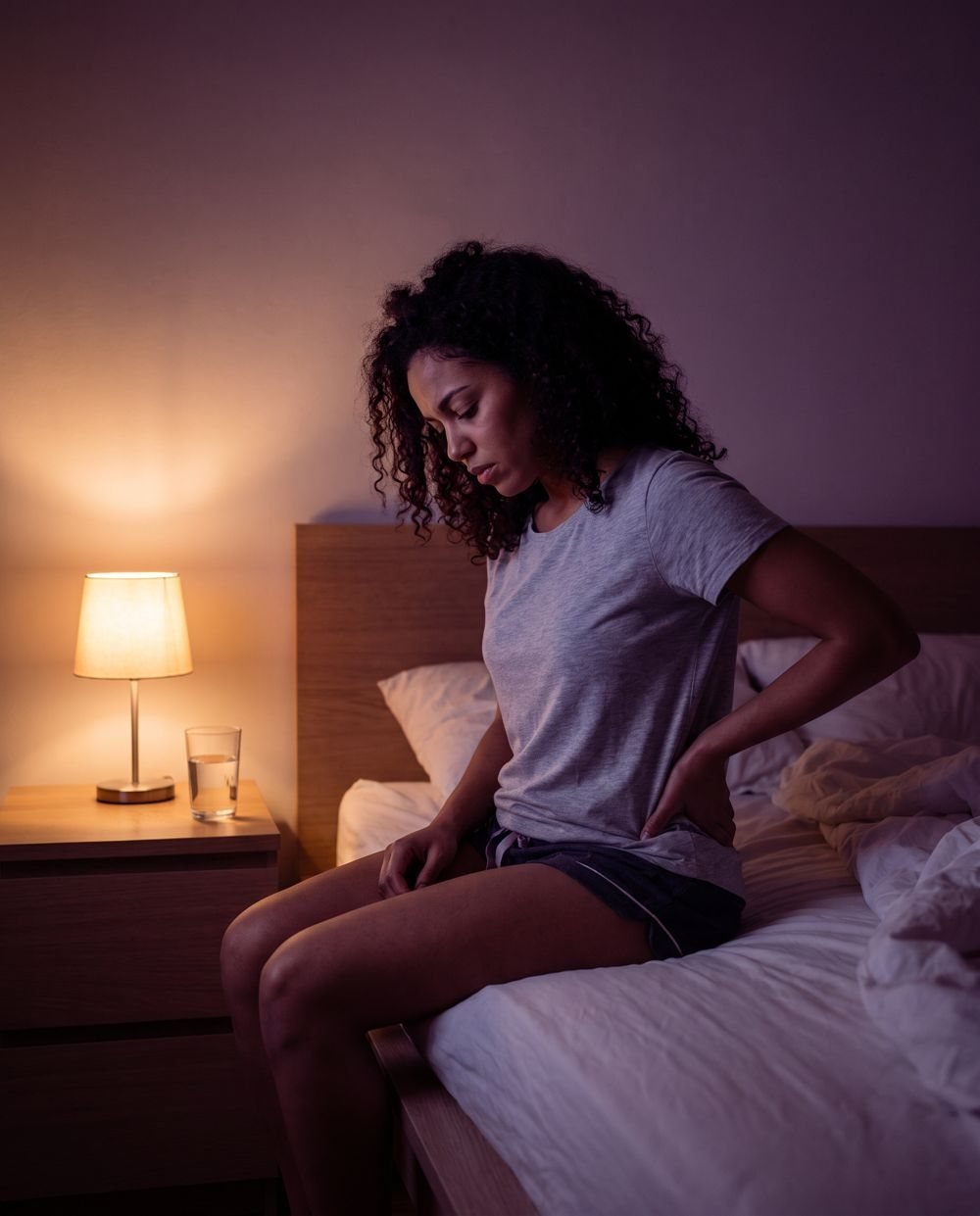 Mujer sentada en su cama de noche, cansada e incómoda