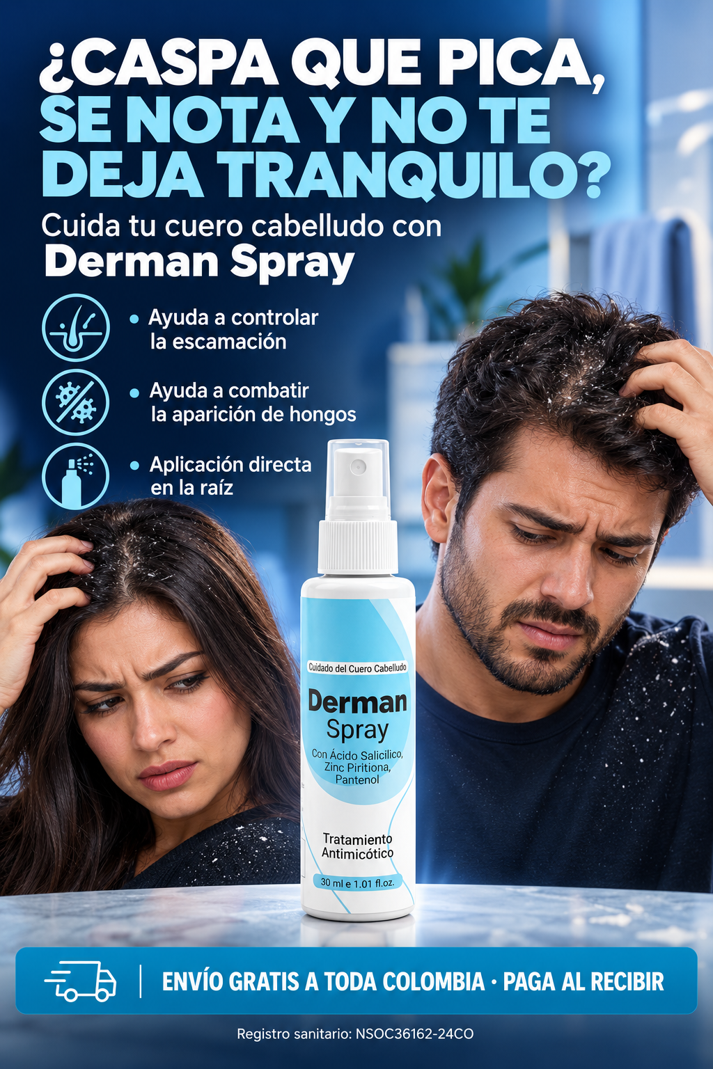 Persona aplicando Derman Spray en la raíz del cabello