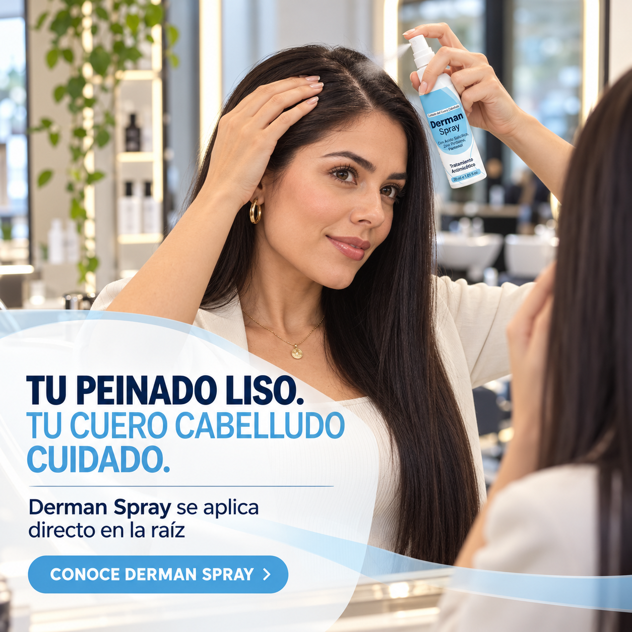 Mujer recién salida del salón aplicando Derman Spray