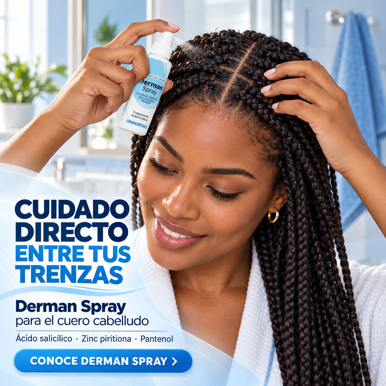 Mujer con trenzas aplicando Derman Spray en el cuero cabelludo