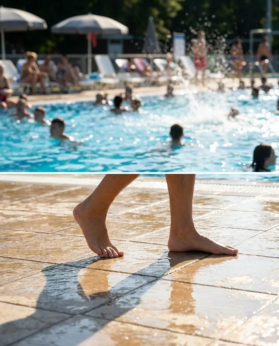 Piscina y piso mojado
