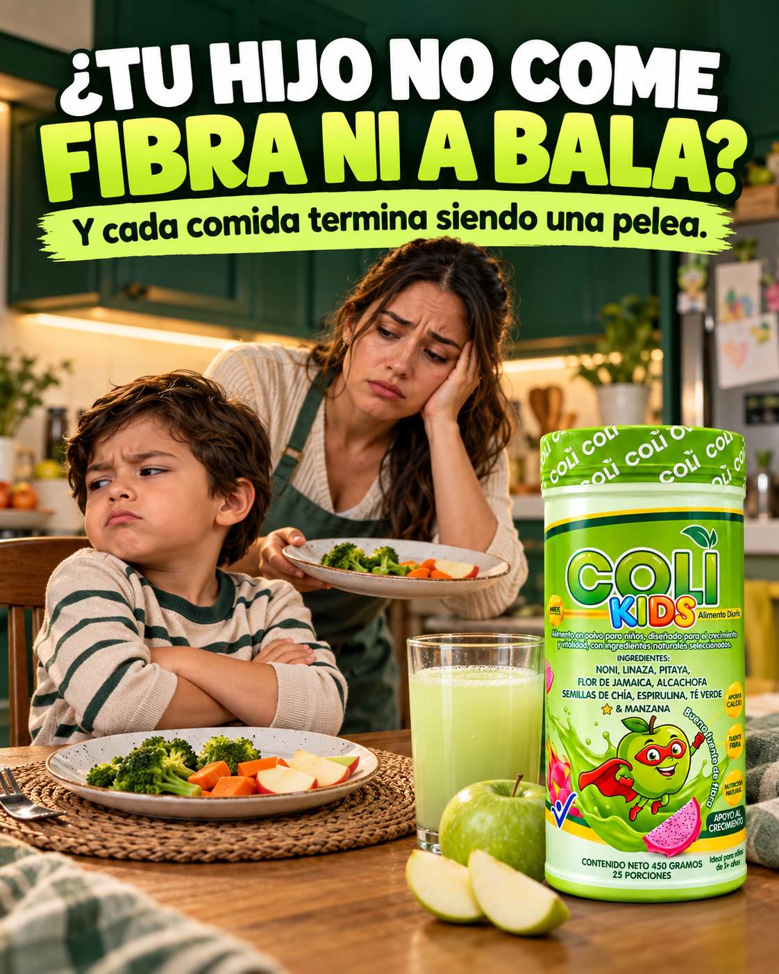 Niño que no come verduras feliz con su vaso de Coli Kids