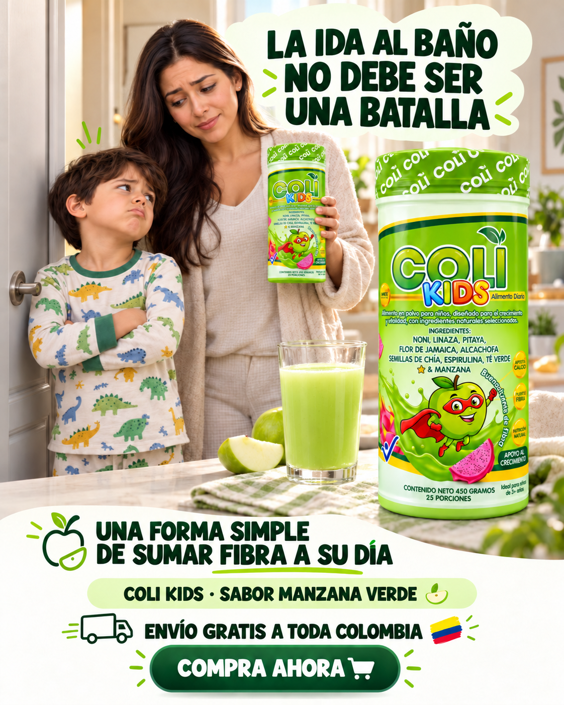 Niño feliz con su vaso de Coli Kids y mamá tranquila